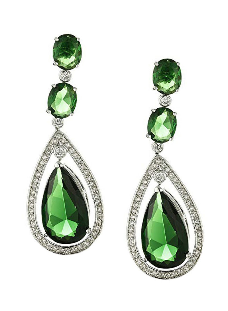 Silver Plated Brass Cubic Zirconia And Emerald Studded Dangle Earrings