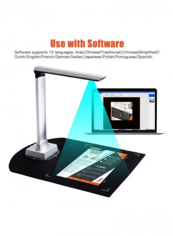 ماسح ضوئي بكاميرا محمول عالي السرعة مزود بمنفذ USB لتصوير المستندات والكتب 10.3x8.4x31.3سم أسود/ فضي