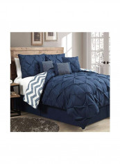 7-Piece Ella Pinch Pleat Comforter Set Polyester Navy Blue/White Queen