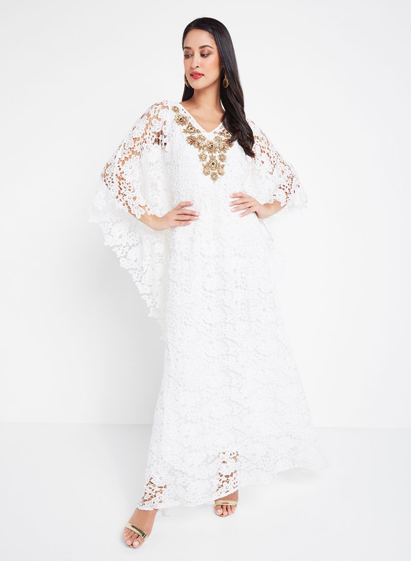 Lace Embellished Jalabiya White