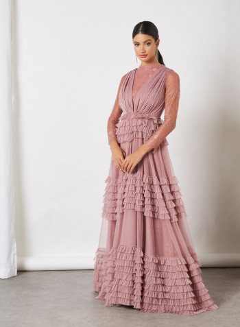 Layered Frill Lace Maxi Dress Lilac