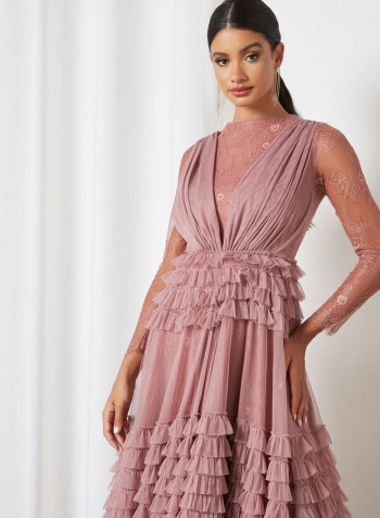 Layered Frill Lace Maxi Dress Lilac