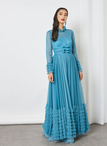 Sheer Frill Detailed Dress Blue
