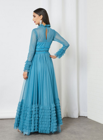 Sheer Frill Detailed Dress Blue