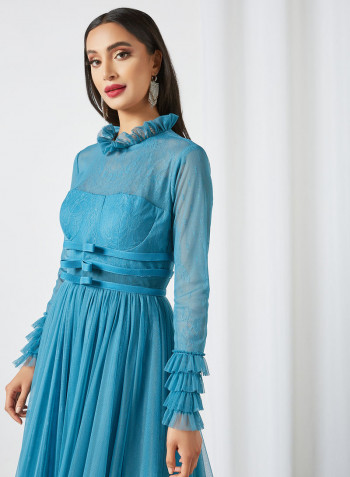 Sheer Frill Detailed Dress Blue