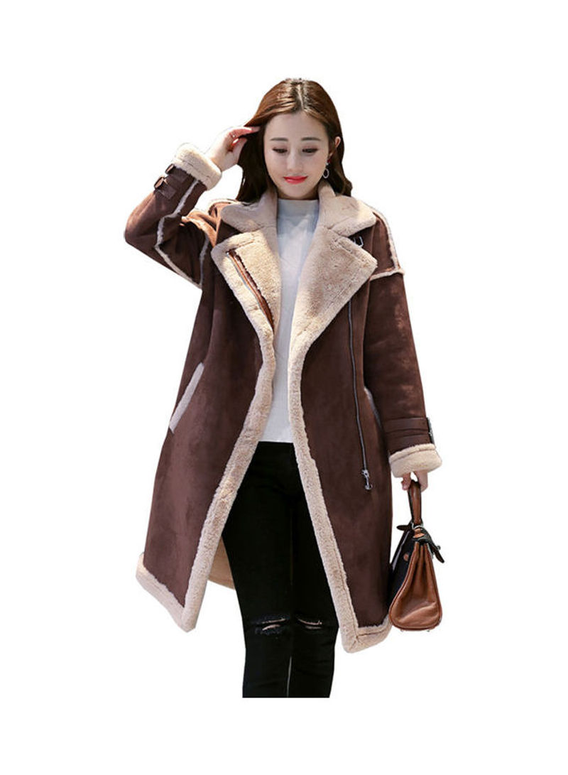 Warm Thicken Medium Long Suede Fabric Padded Coat Brown