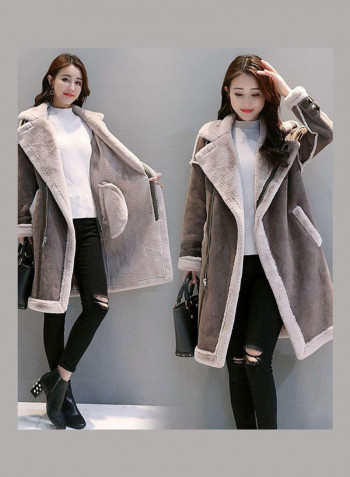 Warm Thicken Medium Long Suede Fabric Padded Coat Grey