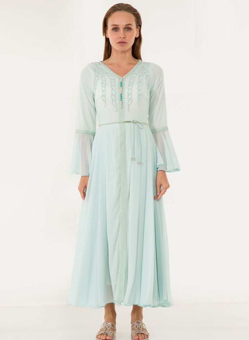 Hand Work Embellished Moroccan Style Maxi Dress Blue
