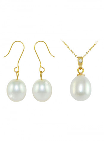 18K Gold Pearl Pendant Necklace With 10K Gold Earrings