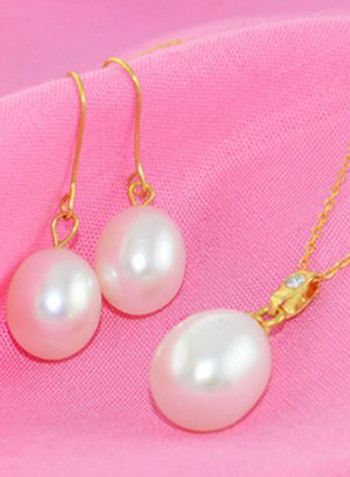 18K Gold Pearl Pendant Necklace With 10K Gold Earrings