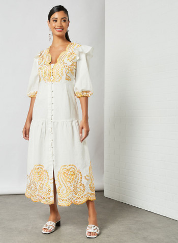 Contrast Embroidery Midi Dress Off White