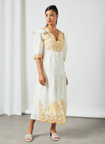 Contrast Embroidery Midi Dress Off White