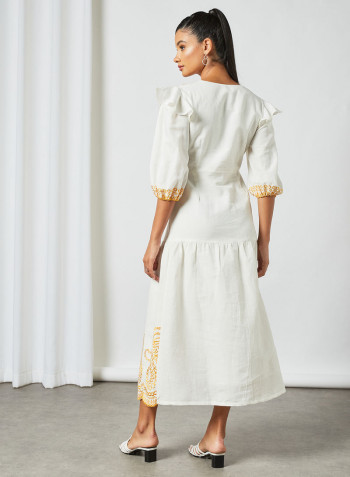 Contrast Embroidery Midi Dress Off White