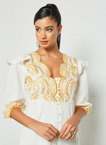 Contrast Embroidery Midi Dress Off White
