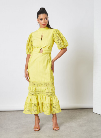 Peplum Hem Schiffli Dress Mustard