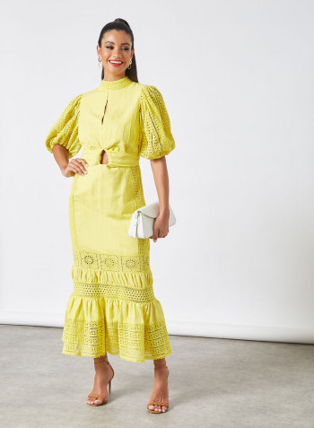 Peplum Hem Schiffli Dress Mustard