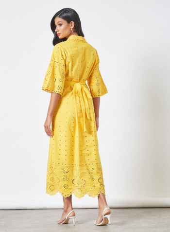 Schiffli Belted Midi Dress Yellow