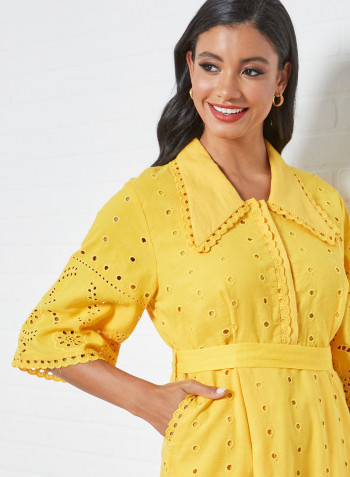 Schiffli Belted Midi Dress Yellow