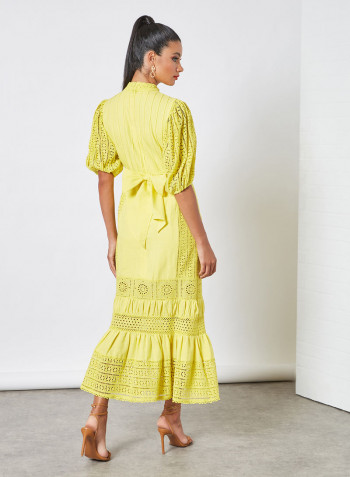 Peplum Hem Schiffli Dress Mustard