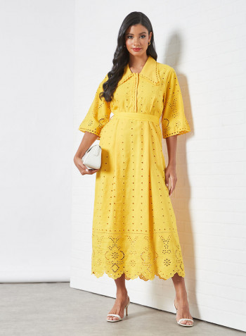 Schiffli Belted Midi Dress Yellow