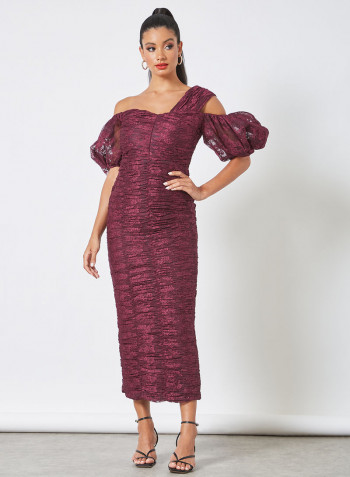 Ruched Lace Bodycon Dress Maroon
