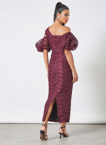 Ruched Lace Bodycon Dress Maroon