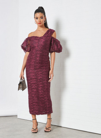 Ruched Lace Bodycon Dress Maroon