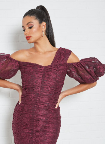 Ruched Lace Bodycon Dress Maroon