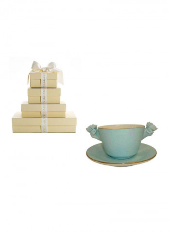 Tea Cup With 2 Roses And Saucer Aquamarine 8X14cm