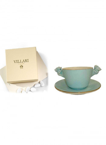 Tea Cup With 2 Roses And Saucer Aquamarine 8X14cm