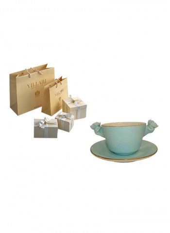 Tea Cup With 2 Roses And Saucer Aquamarine 8X14cm