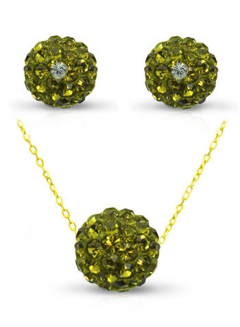 18 Karat Solid Yellow Gold Simple 10 mm Crystal Ball Earrings With Pendant Necklace