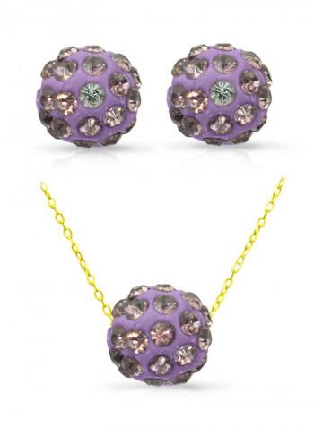 18 Karat Solid Yellow Gold Simple 10 mm Crystal Ball Earrings With Pendant Necklace