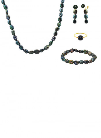 Set of 4 10 Karat Gold Pearl Beads Necklace Bracelet Earrings and Ring
