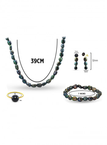 Set of 4 10 Karat Gold Pearl Beads Necklace Bracelet Earrings and Ring