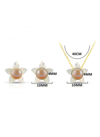 18 Karat Solid Yellow Gold 10 mm Mother Of Pearl Flower Shape With 4 mm Pearl Jewellery Set