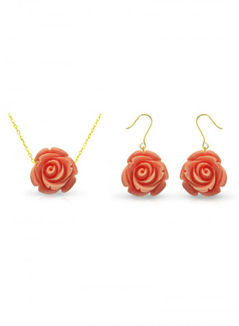 18 Karat Solid Yellow Gold Rose Carved Earrings With Chain Necklace