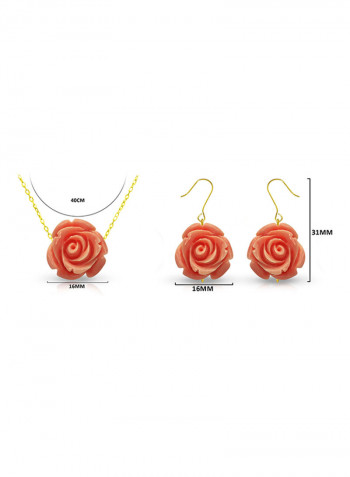 18 Karat Solid Yellow Gold Rose Carved Earrings With Chain Necklace