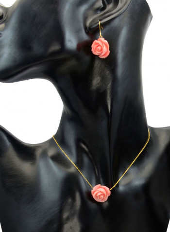 18 Karat Solid Yellow Gold Rose Carved Earrings With Chain Necklace