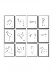 12-Piece Picasso Animal Line Drawing Themed Framed Poster Set White/Black 13x18cm