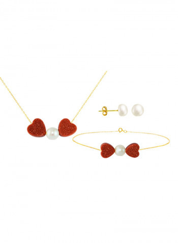18K Gold Sunstones And Pearl Heart Jewellery Set