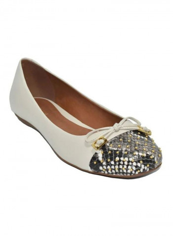 Bow Detail Round Toe Ballerina Off White/Silver