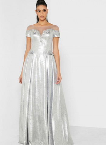 Embroidered Shimmer Maxi  Dress Silver