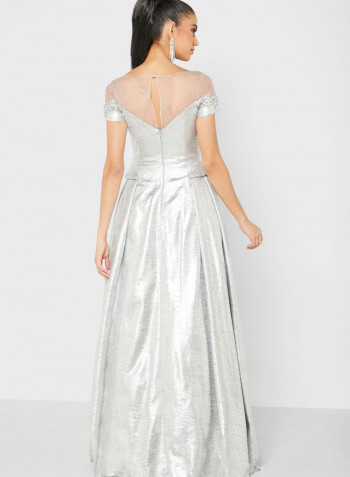 Embroidered Shimmer Maxi  Dress Silver