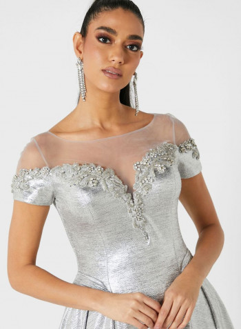 Embroidered Shimmer Maxi  Dress Silver