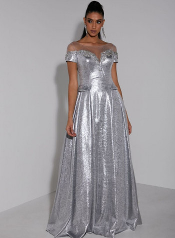 Embroidered Shimmer Maxi  Dress Silver