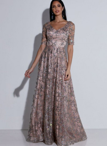Sequins Detailed Maxi Dress Beige/Grey