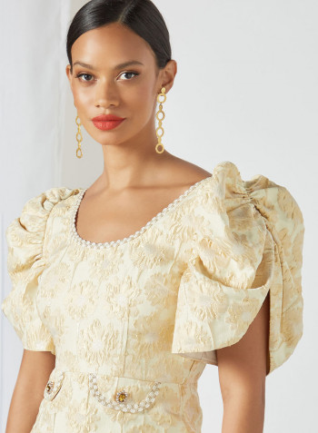 Jacquard Puff Sleeve Mini Dress Yellow