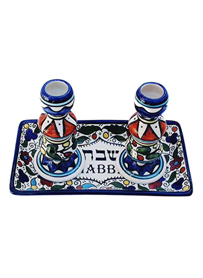 Ceramic Candlesticks With Matching Plate Multicolour 6X8X4inch