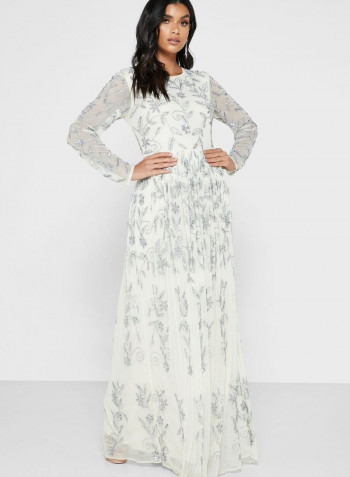 Pleat Detail Embellished Dress White/Silver